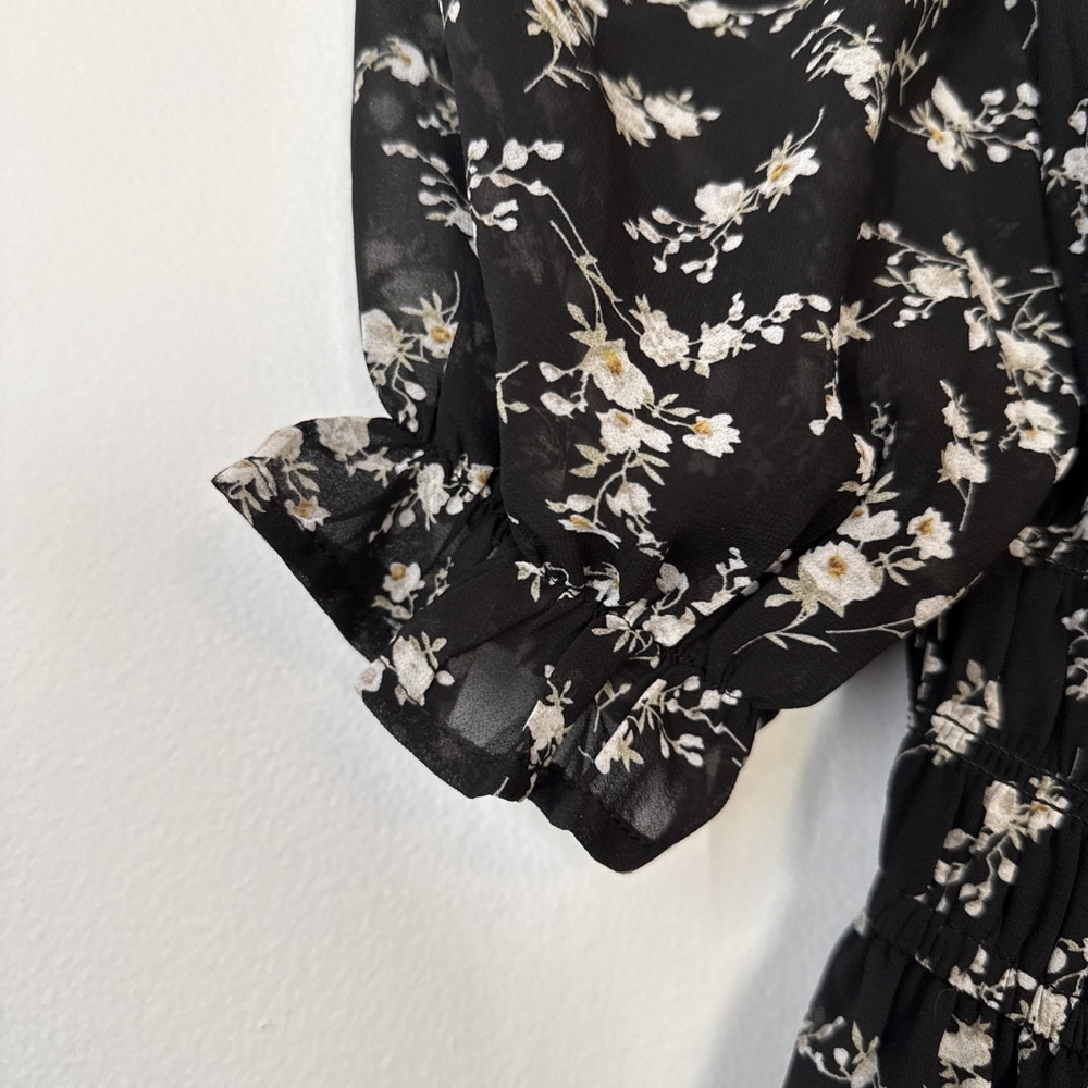 Black Floral Puff Sleeve Fairy Dress Small Whimsigoth‎ Cottagecore Romantic - Picture 4 of 8